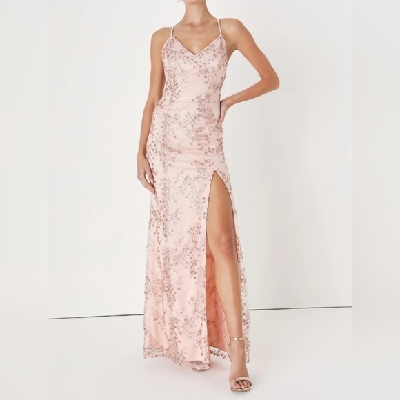Lulus Blissful Blossoms Blush Pink Mesh Sequin Embroidery Backless Maxi Dress XL - Picture 3 of 13